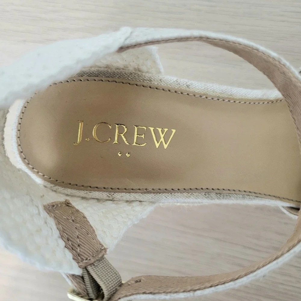 J Crew Espadrille Wedge Sandals Ankle Strap Ivory Cream Heels Jute Buckle 7.5